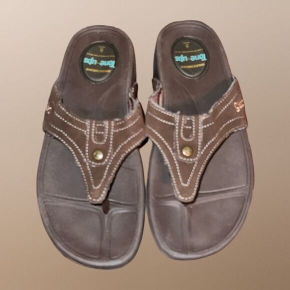 Skechers Women's Tone Up Moonrock Suede Leather Flip Flop In Brown Size 7 - Picture 2 of 6